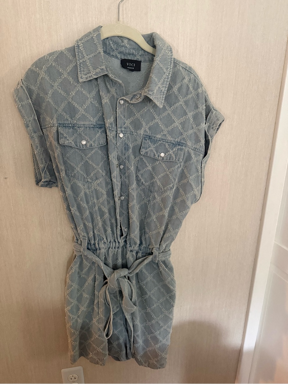 VICI Denim Tie-Waist Romper | Size Medium | Textured Chambray Blue